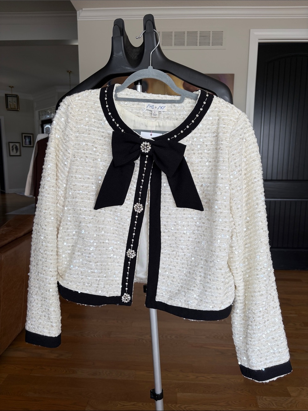NWT She + Sky Cream Tweed Jacket with Black Bow Trim